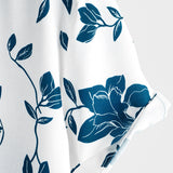 Męska Koszula Bawełniana Niebieska w Kwiaty na Lato z Guzikami i Krótkim Rękawem