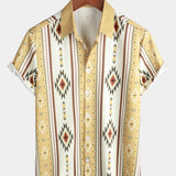 Męska Koszula Vintage w Pionowe Paski z Krótkim Rękawem w Stylu Retro z Lat 70-tych z Wzorem Azteckim