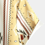 Męska Koszula Vintage w Pionowe Paski z Krótkim Rękawem w Stylu Retro z Lat 70-tych z Wzorem Azteckim