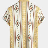 Męska Koszula Vintage w Pionowe Paski z Krótkim Rękawem w Stylu Retro z Lat 70-tych z Wzorem Azteckim