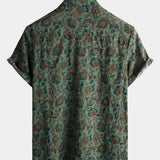 Vintage Koszula Bawełniana z Krótkim Rękawem z Guzikami w Stylu Retro Paisley Zielona dla Mężczyzn z Lat 70