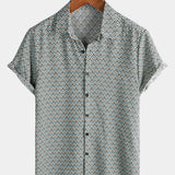 Męska Koszula Bawełniana Casual Vintage Geometryczna z Guzikami na Lato Retro Krótki Rękaw