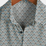 Męska Koszula Bawełniana Casual Vintage Geometryczna z Guzikami na Lato Retro Krótki Rękaw