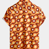 Pomarańczowa Koszula Męska z Bawełny w Stylu Retro z Lat 70., Z Guzikiem, Vintage, Geometryczna, Okrągła, Letnia, z Krótkim Rękawem