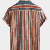 Męska Koszula Bawełniana Casual Retro w Kolorowe Paseczki z Krótkim Rękawem