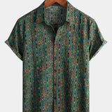 Męska Koszula Vintage z Bawełny w Wzór Paisley z Lat 70-tych, Zielona, Boho, Retro, Tribal, z Krótkim Rękawem