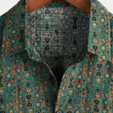 Męska Koszula Vintage z Bawełny w Wzór Paisley z Lat 70-tych, Zielona, Boho, Retro, Tribal, z Krótkim Rękawem