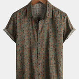 Męska Koszula z Bawełny w Stylu Vintage z Wzorem Paisley z Lat 70-tych z Brązowymi Guzikami w Stylu Boho Retro Tribal, Krótki Rękaw