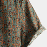 Męska Koszula z Bawełny w Stylu Vintage z Wzorem Paisley z Lat 70-tych z Brązowymi Guzikami w Stylu Boho Retro Tribal, Krótki Rękaw