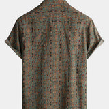 Męska Koszula z Bawełny w Stylu Vintage z Wzorem Paisley z Lat 70-tych z Brązowymi Guzikami w Stylu Boho Retro Tribal, Krótki Rękaw