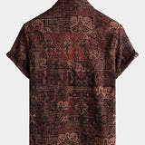 Męska Koszula Bawełniana w Stylu Retro z Wzorem Kwiatowym Paisley, Z Guzikami, Vintage, Na Wakacje, Zachodni, Brązowa, Krótki Rękaw