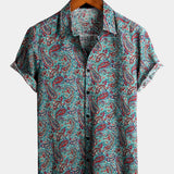 Koszula Vintage z Krótkim Rękawem z Bawełny z Guzikami dla Mężczyzn w Stylu Paisley